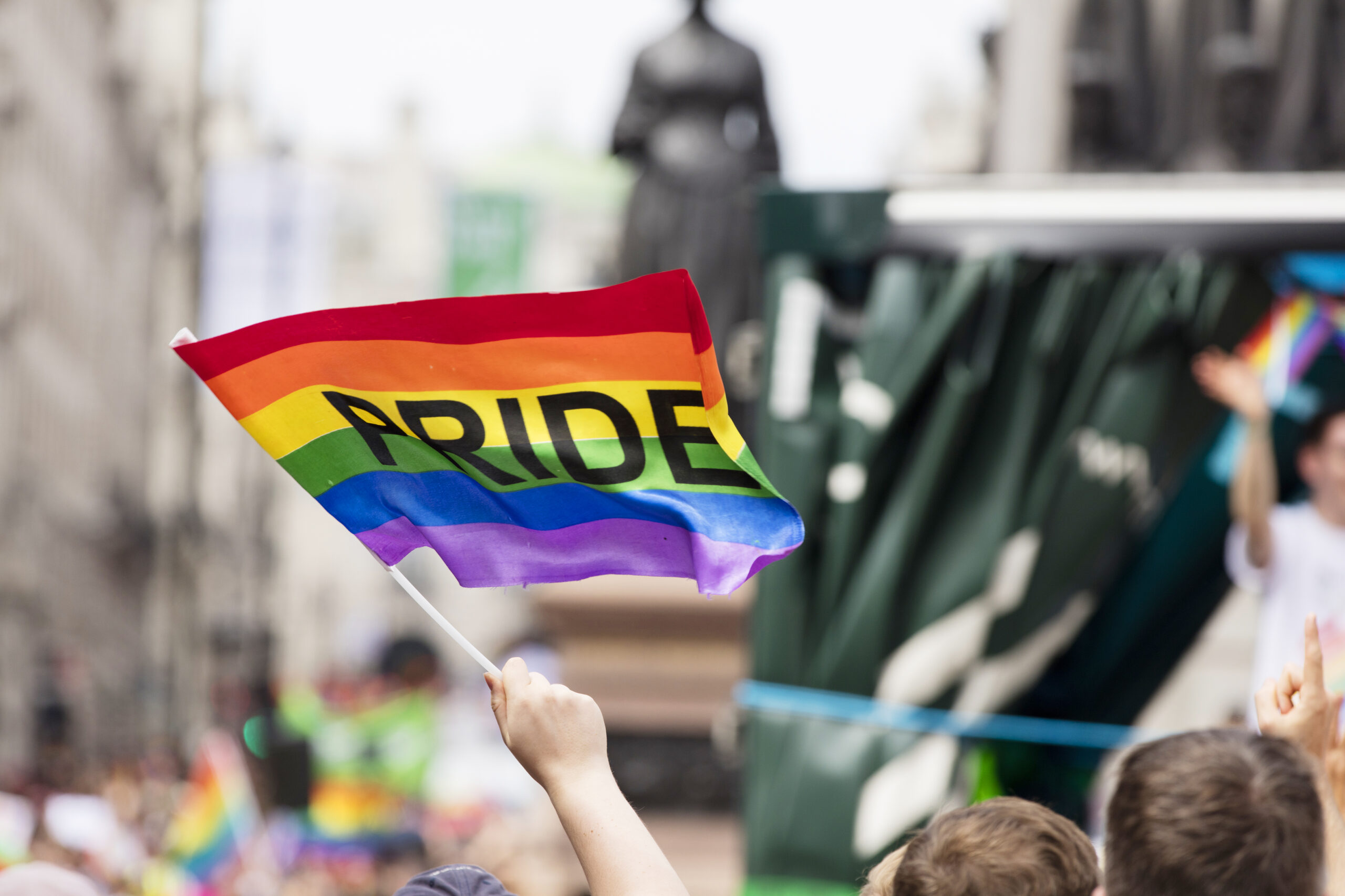 A spectator waves a gay rainbow flag at an LGBT gay pride march