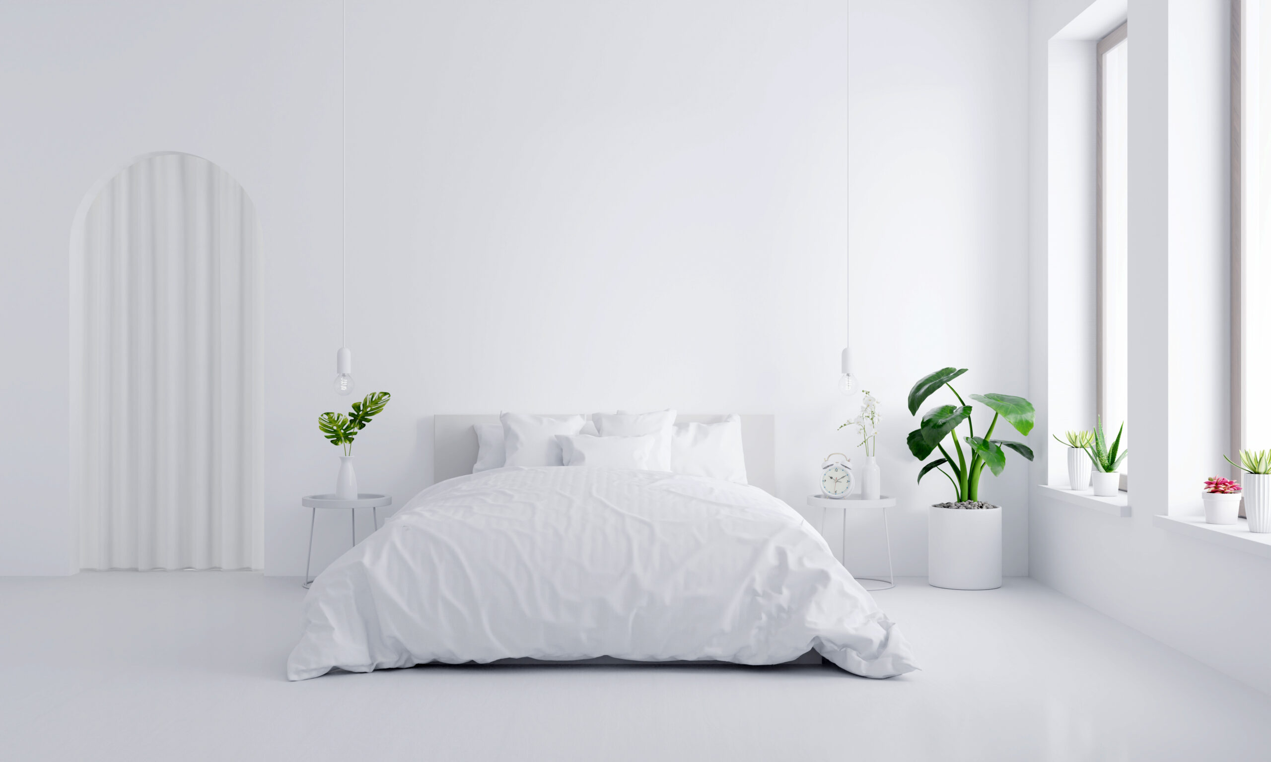 White bedroom with copy space for mock up, 3D rendering