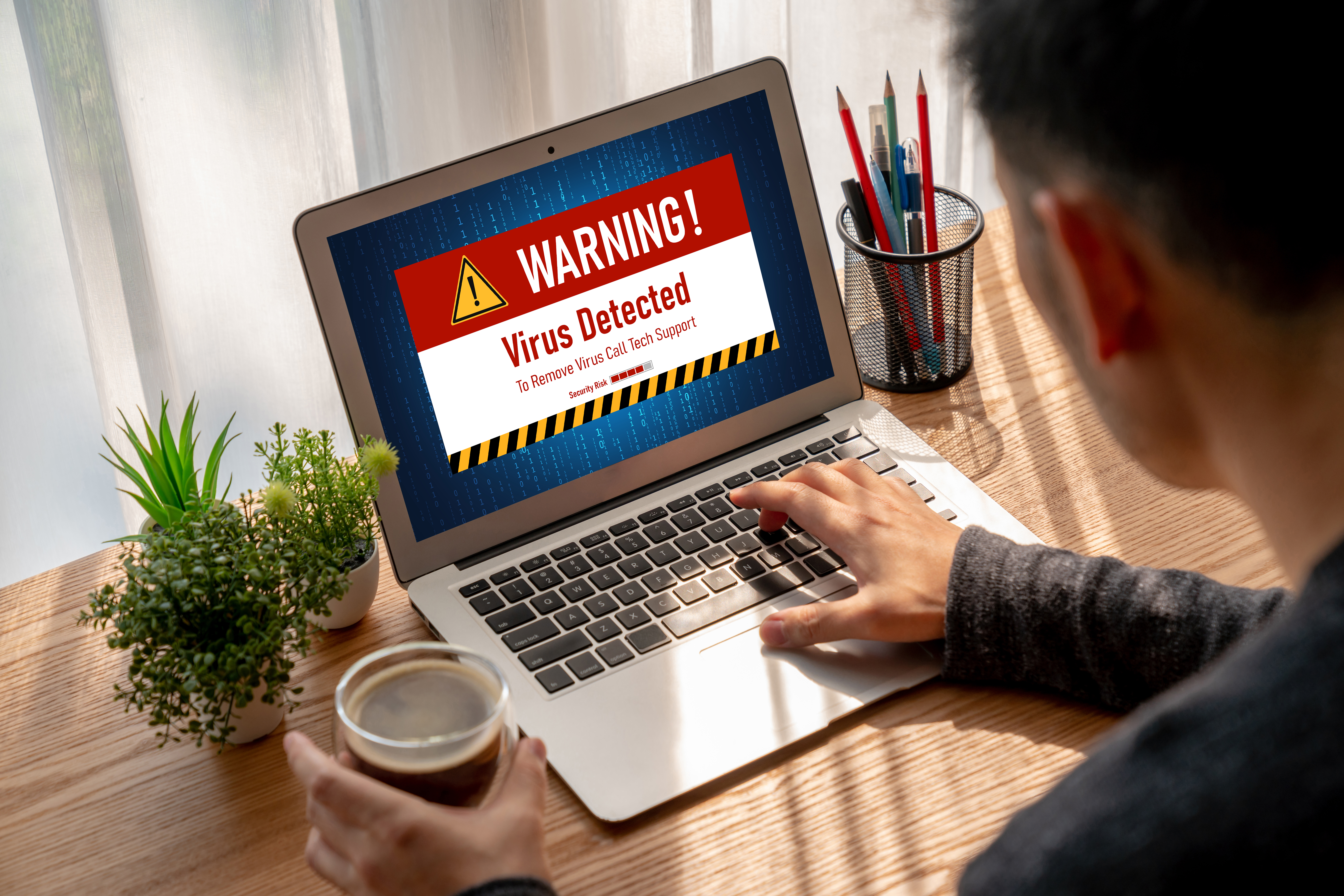 Virus warning alert on computer screen detected modish cyber threat