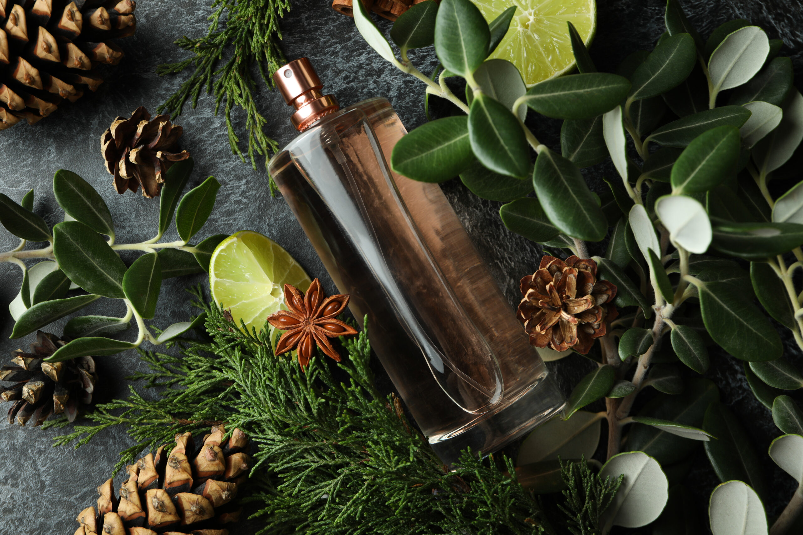 Concept of fragrant flavored perfume, close up