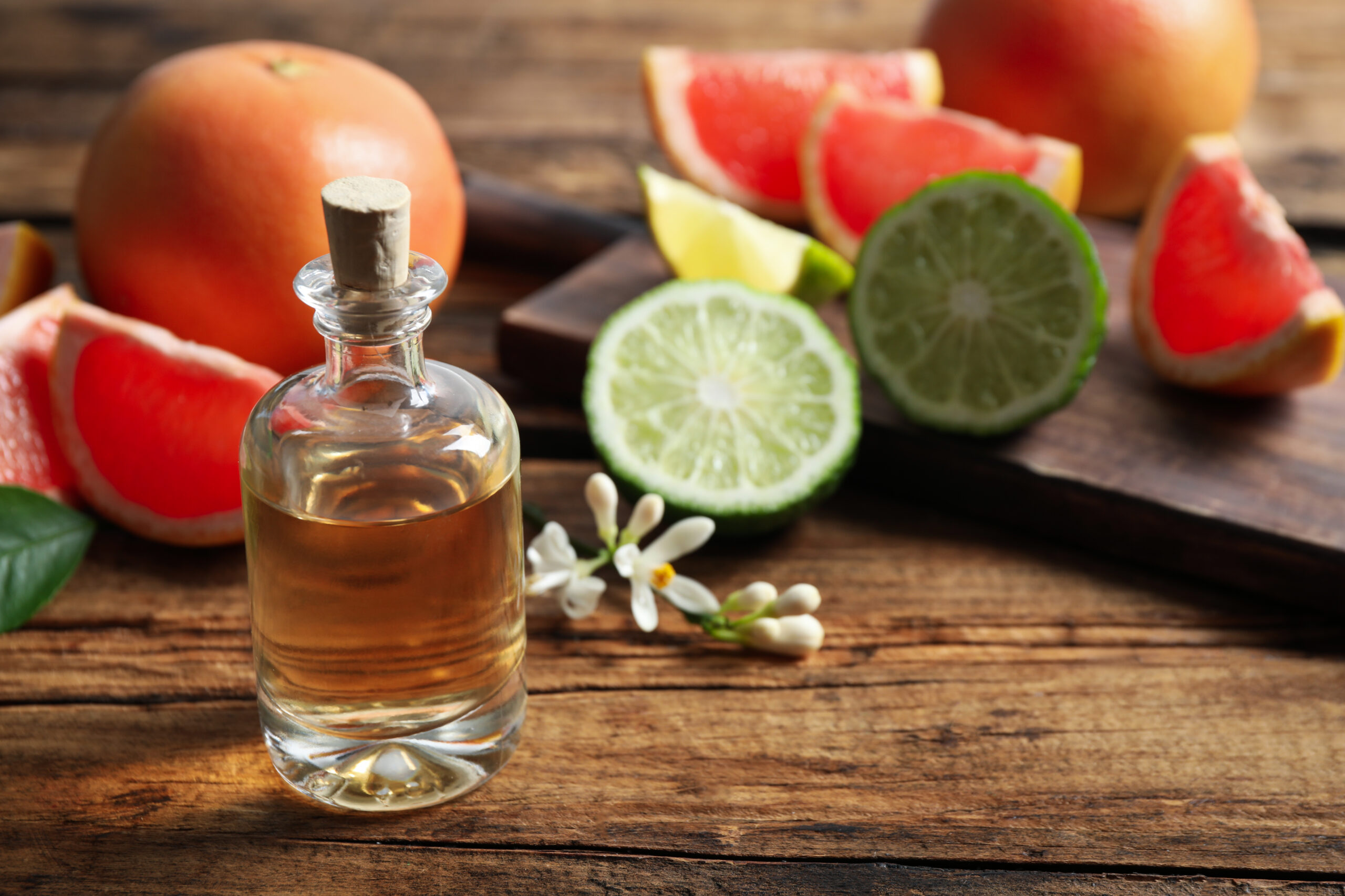 Citrus essential oil on wooden table. Space for text