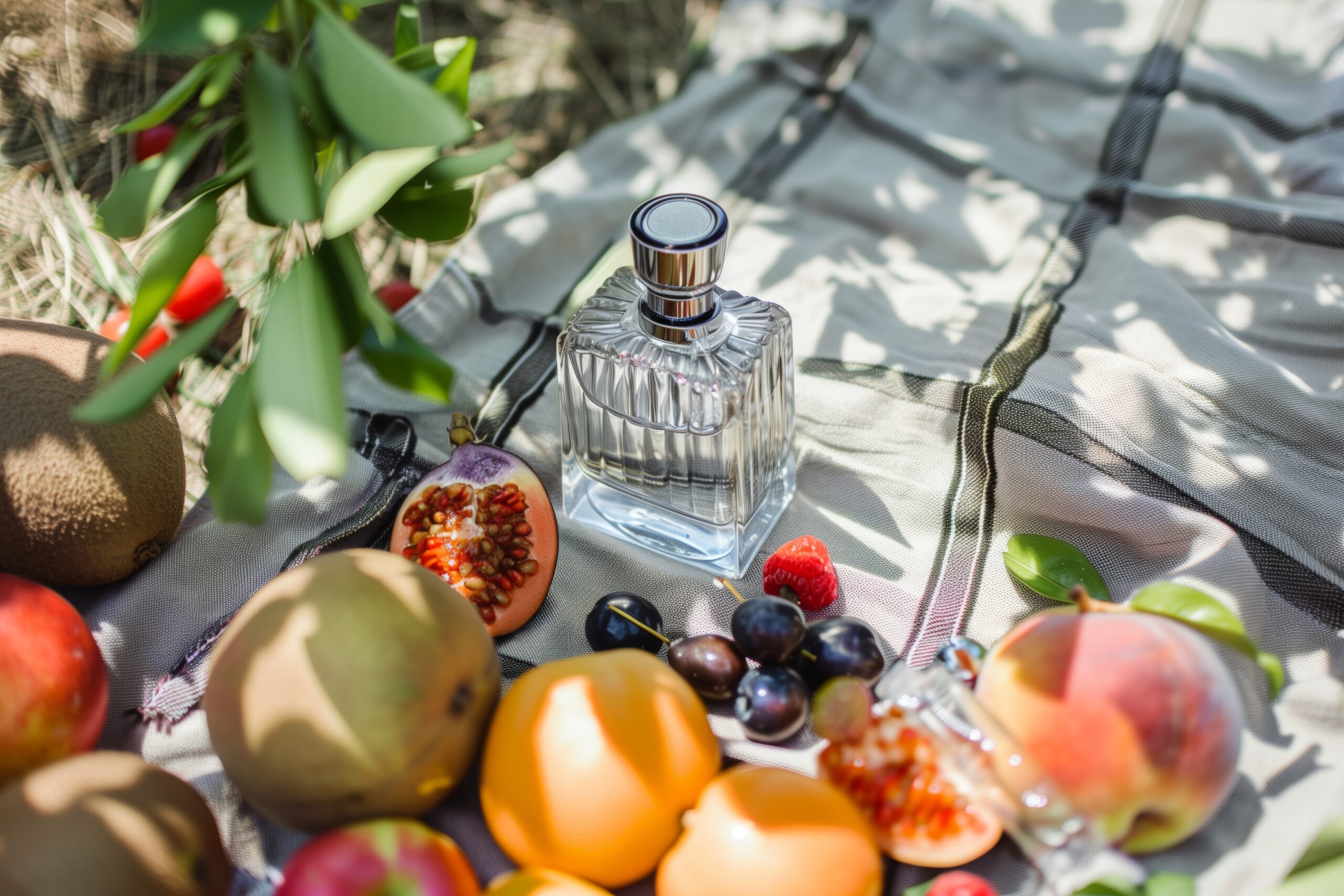 perfume bottle on a picnic blanket with fresh summer fruits